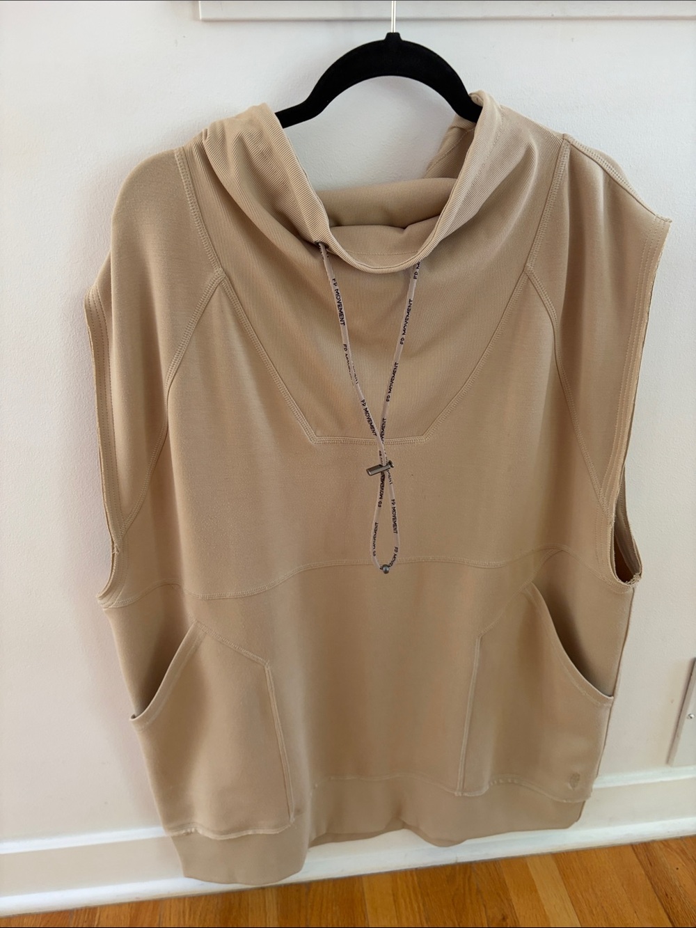 Free People Sleeveless Cowl Hoodie Vest in Tan